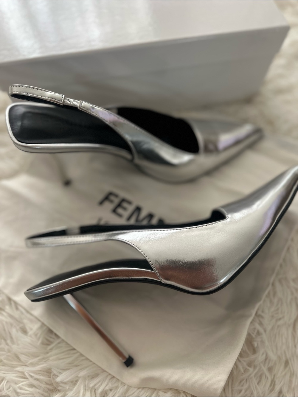 Metallic Silver Pointed-Toe Slingback Stiletto Heels